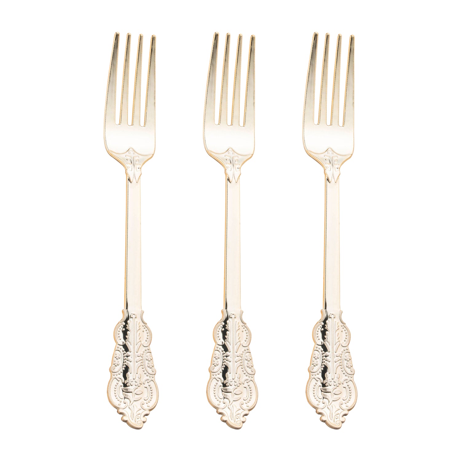 Shiny Baroque Gold Plastic Forks Secondary | The Kaya Collection