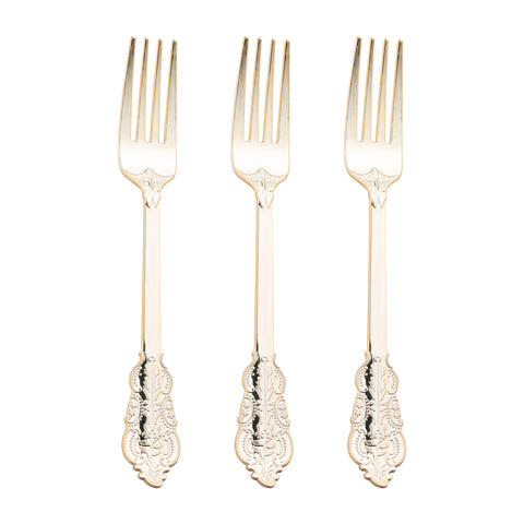 Shiny Baroque Gold Plastic Forks Secondary | The Kaya Collection