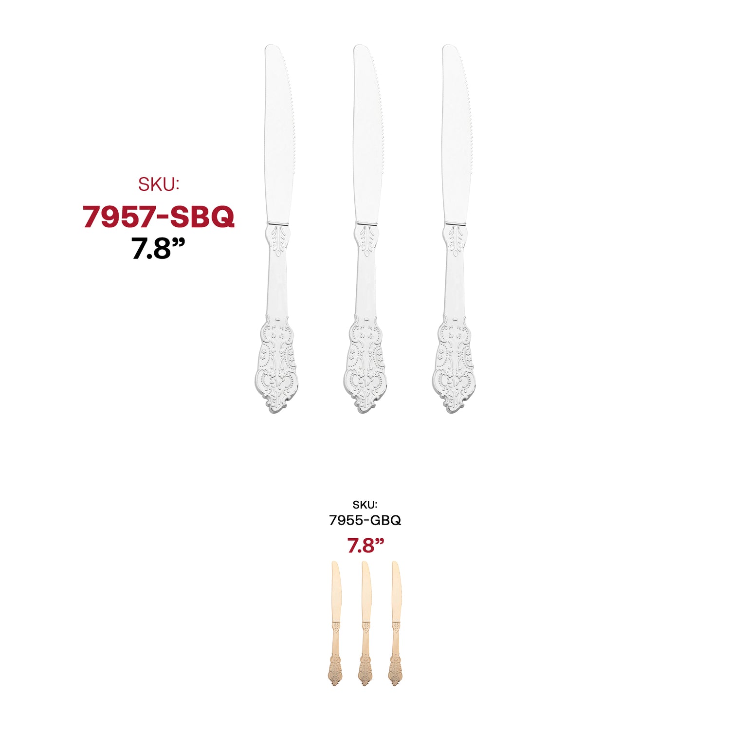 Shiny Baroque Silver Plastic Knives SKU | The Kaya Collection