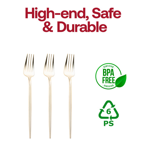 Shiny Gold Moderno Disposable Plastic Dessert Forks BPA | The Kaya Collection