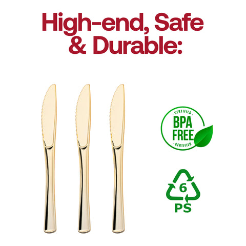 Shiny Metallic Gold Disposable Plastic Knives BPA | The Kaya Collection