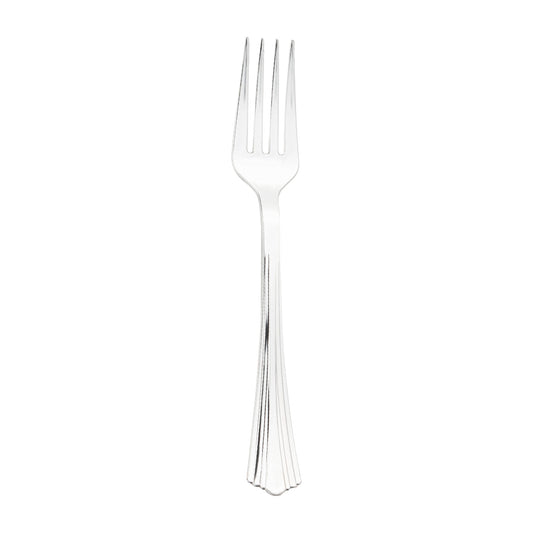 Shiny Metallic Groove Silver Plastic Forks Main | The Kaya Collection