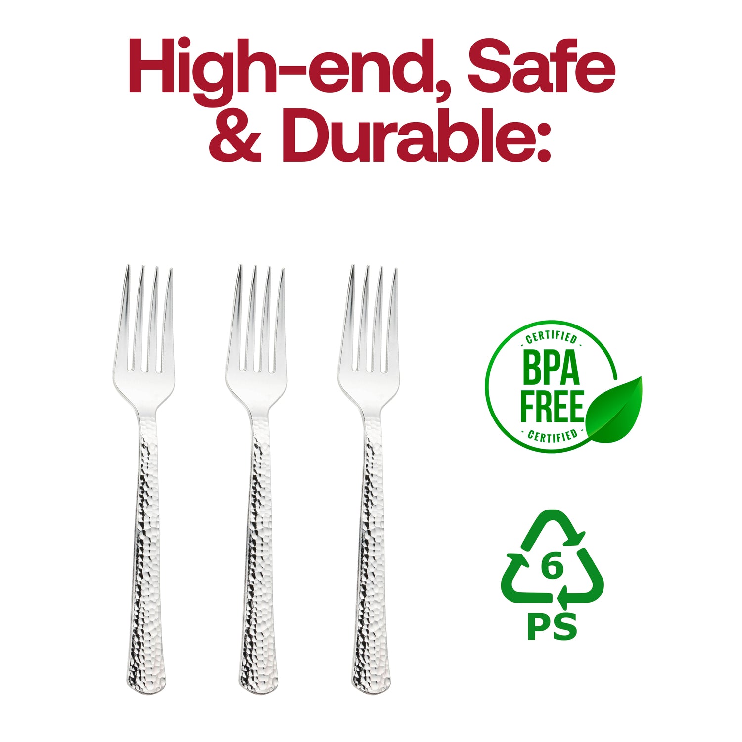 Shiny Metallic Silver Hammered Plastic Forks BPA | The Kaya Collection