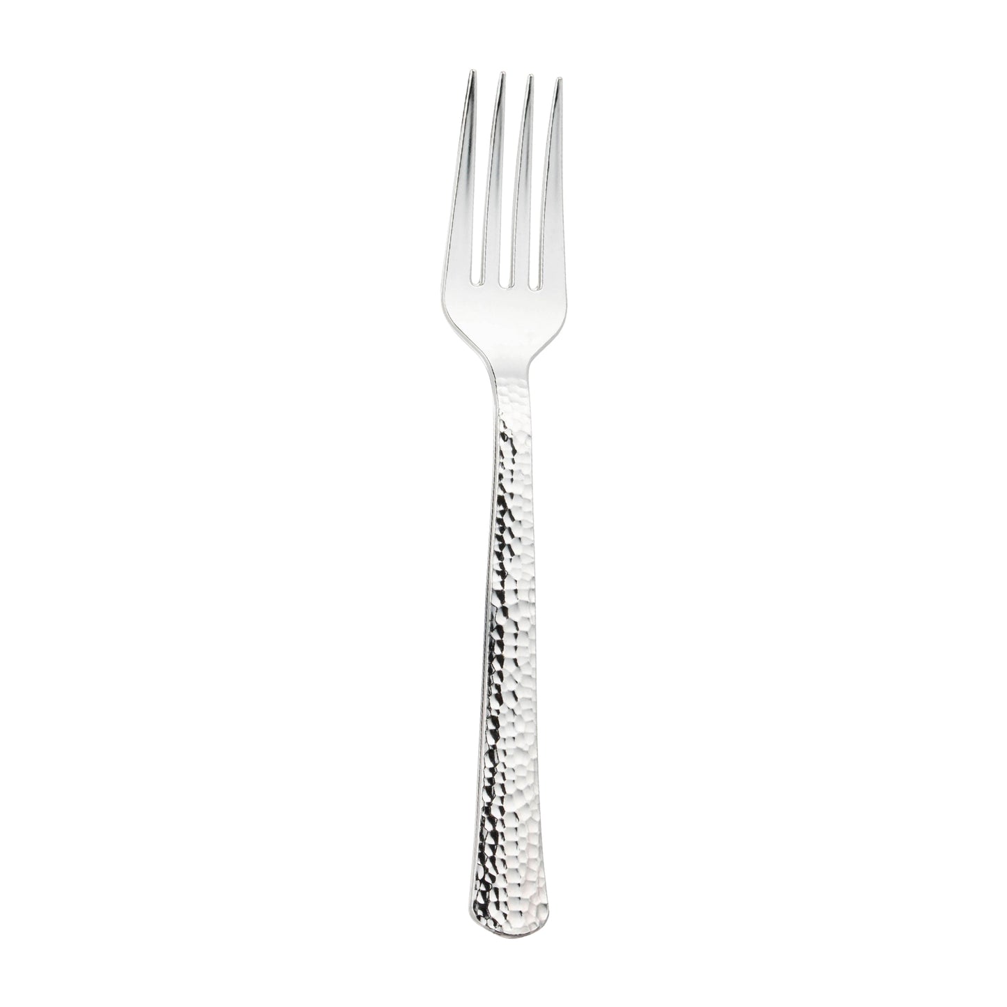 Shiny Metallic Silver Hammered Plastic Forks Main | The Kaya Collection