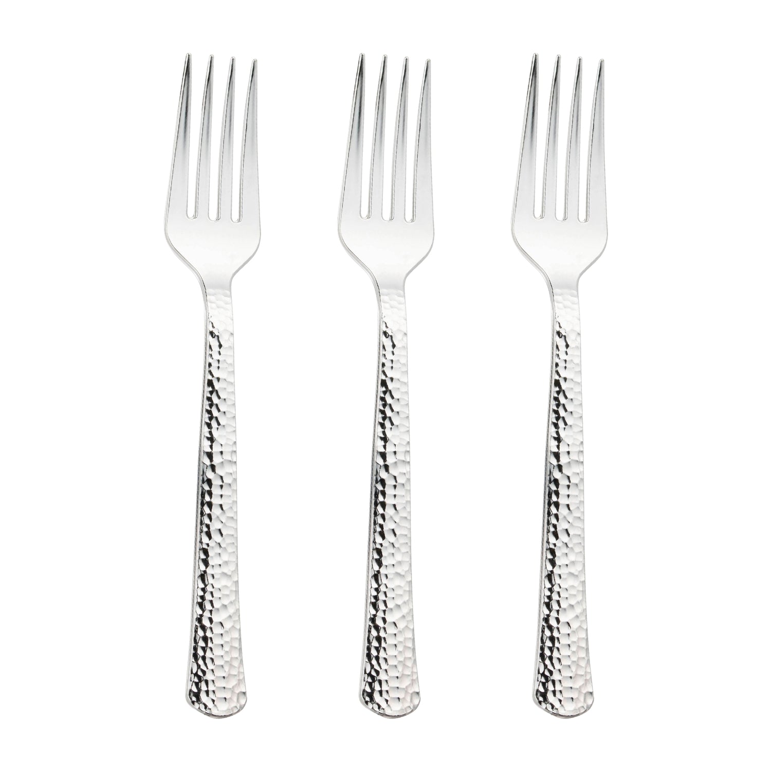 Shiny Metallic Silver Hammered Plastic Forks Secondary | The Kaya Collection