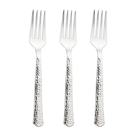 Shiny Metallic Silver Hammered Plastic Forks Secondary | The Kaya Collection