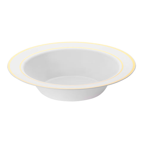 White with Gold Edge Rim Plastic Soup Bowls (12 oz.) | The Kaya Collection