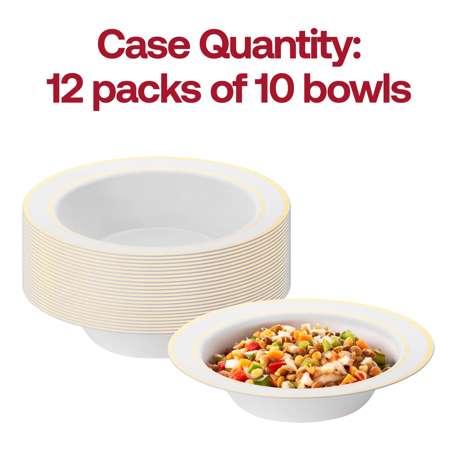 White with Gold Edge Rim Plastic Soup Bowls (12 oz.) Quantity | The Kaya Collection