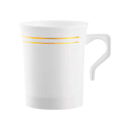 8 oz. White with Gold Edge Rim Round Plastic Coffee Mugs Main | The Kaya Collection