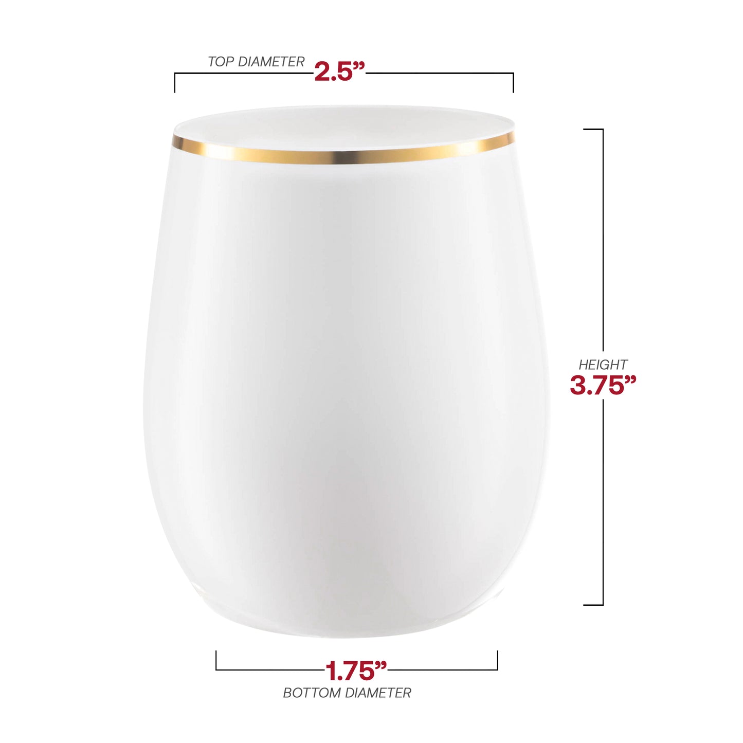 12 oz. White with Gold Elegant Stemless Plastic Wine Glasses Dimension | The Kaya Collection