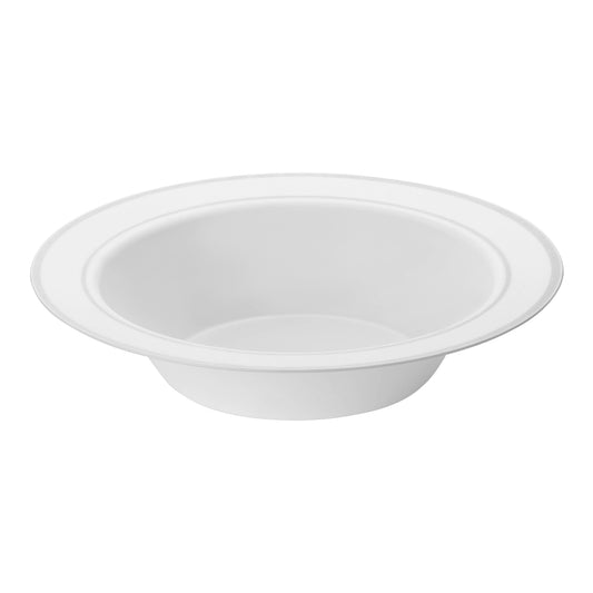White with Silver Edge Rim Disposable Plastic Soup Bowls (12 oz.) | The Kaya Collection