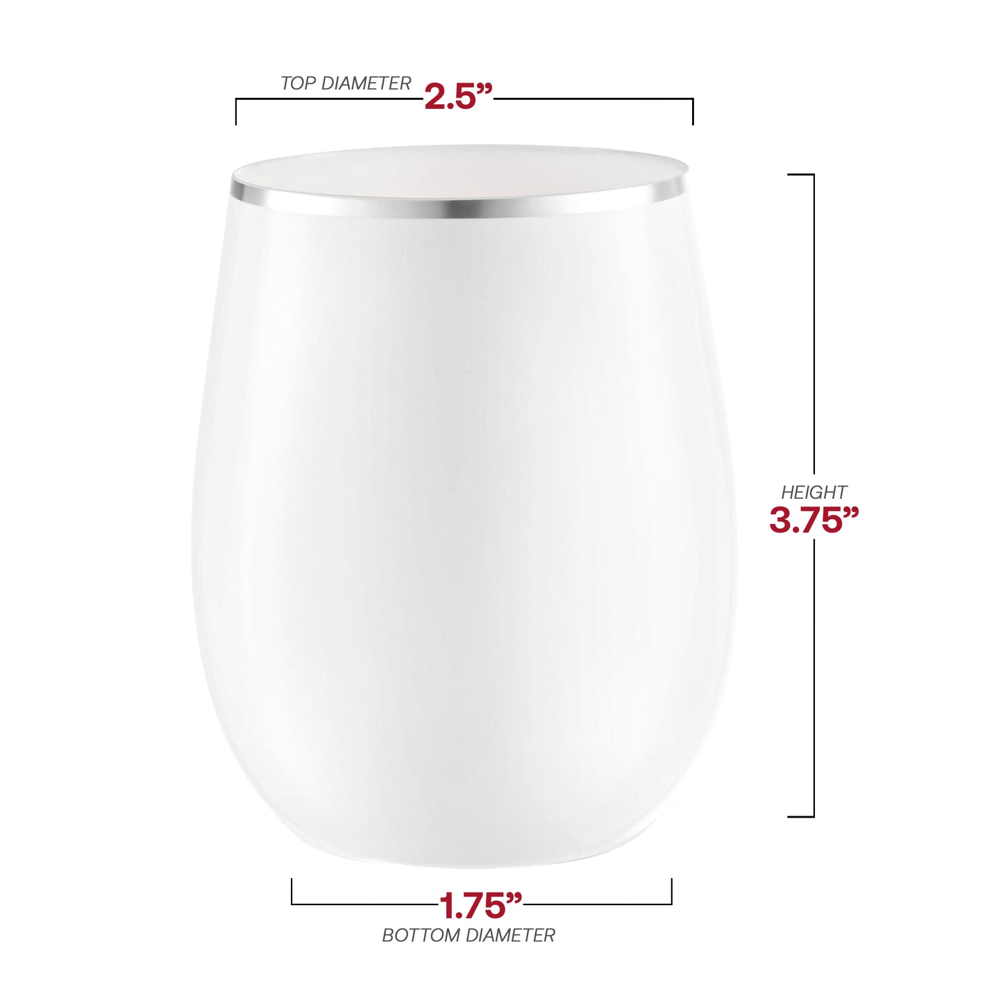 12 oz. White with Silver Elegant Stemless Disposable Plastic Wine Glasses Dimension | The Kaya Collection