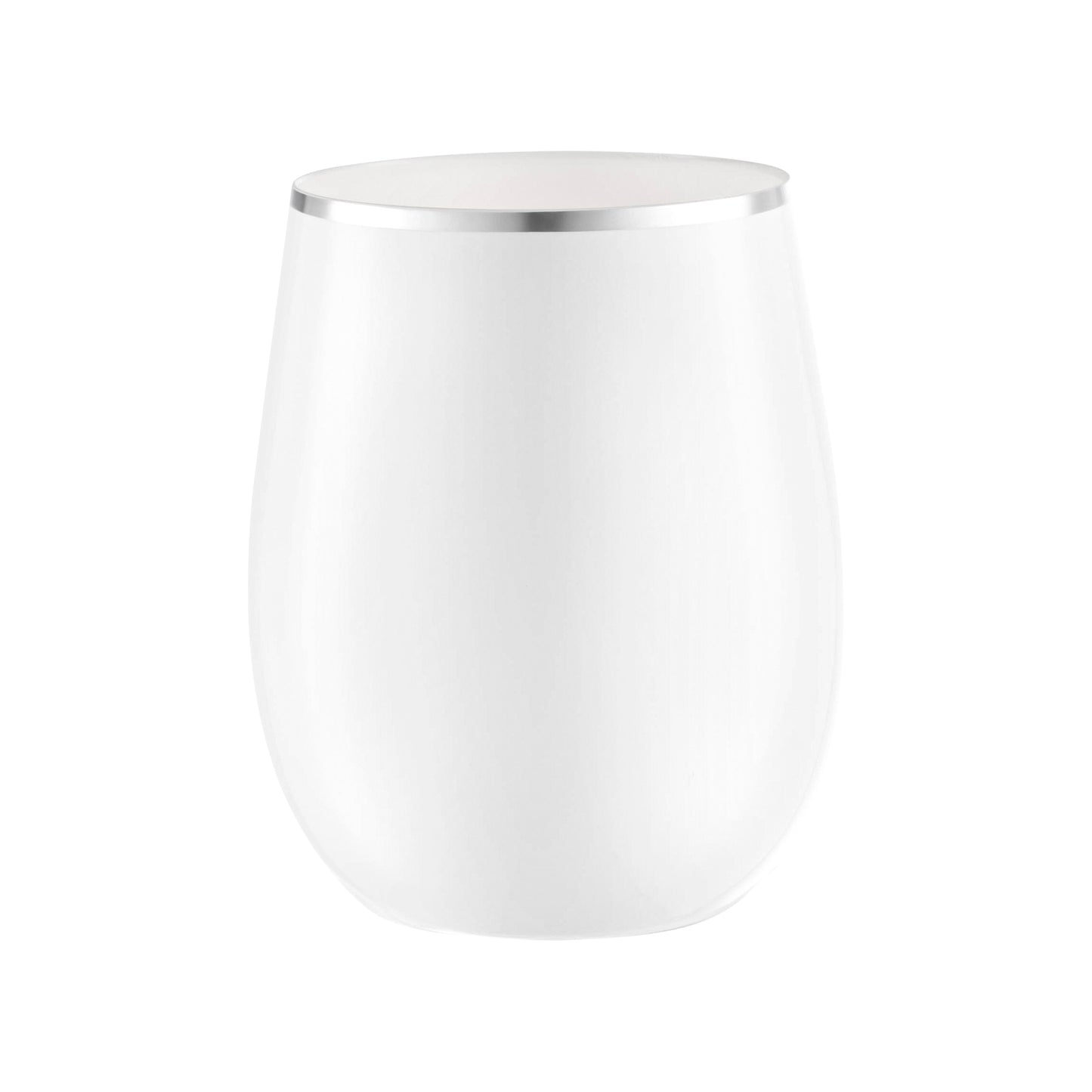 12 oz. White with Silver Elegant Stemless Disposable Plastic Wine Glasses Main | The Kaya Collection
